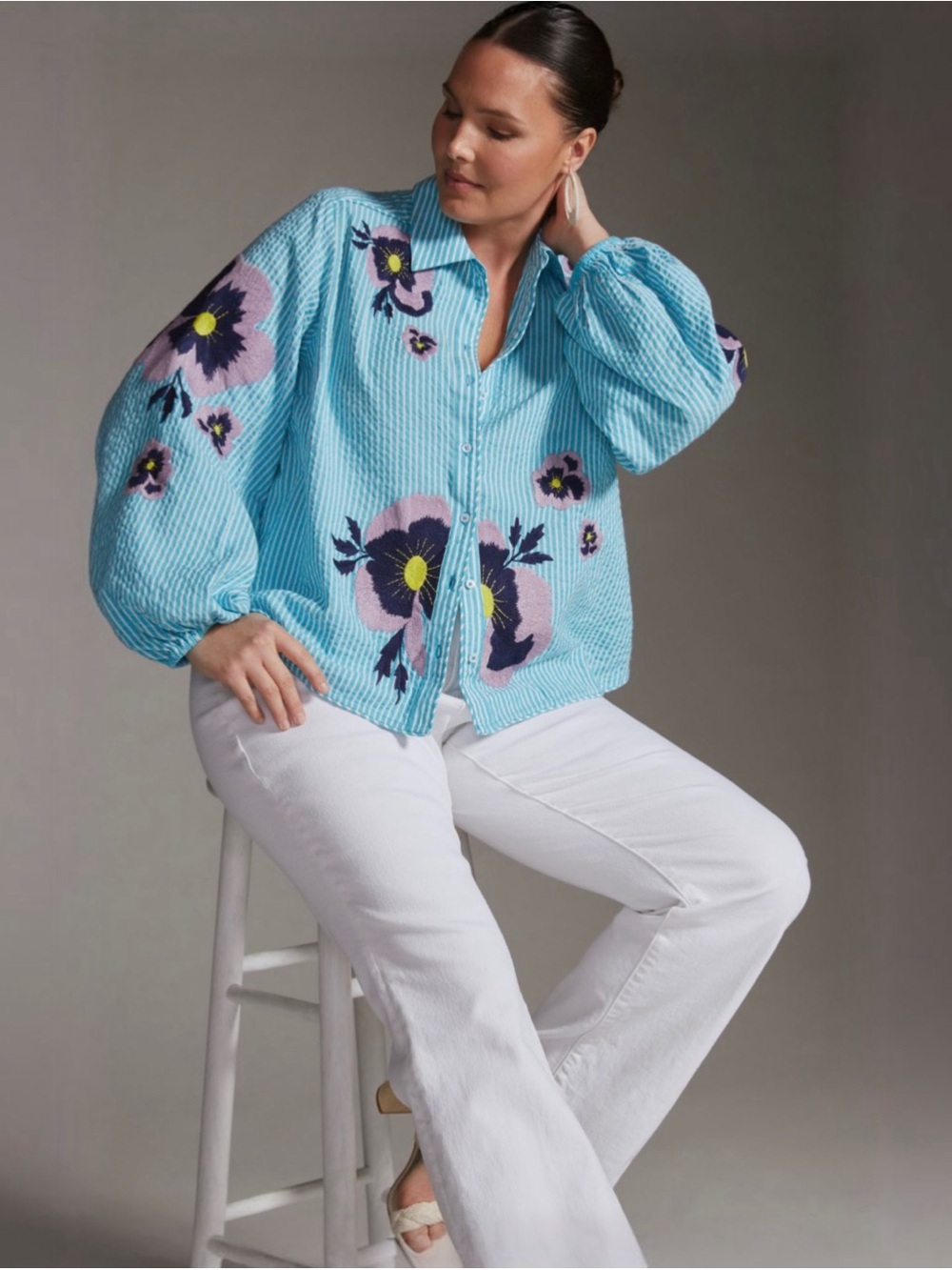 Anthropologie Maeve Blue Floral Embroidered Cotton Button Shirt Small NWT